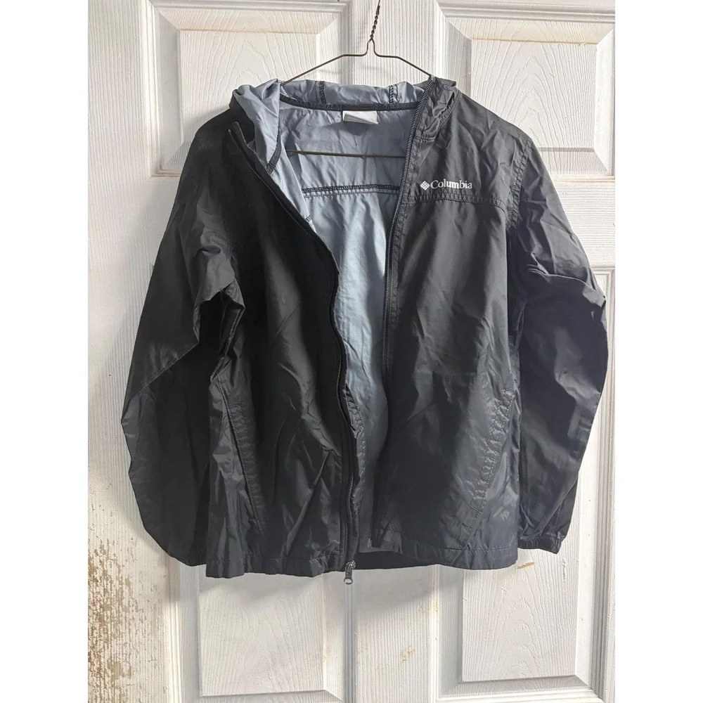 Columbia Boys Black Lightweight Hooded Windbreaker Jacket Size Medium 10-12